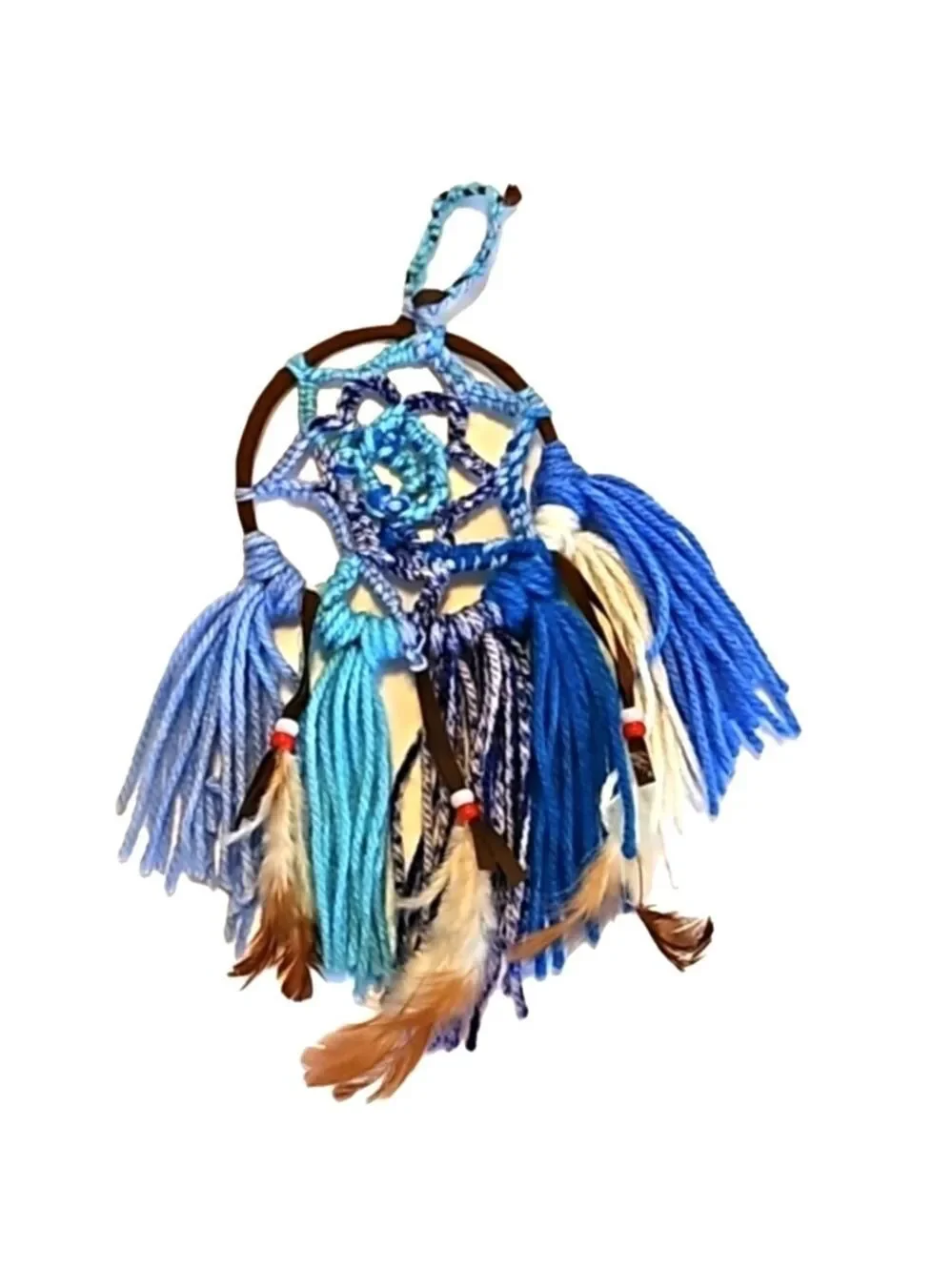 Hand Knit Crochet Dreamcatcher Brown Blue Yarn Feathers